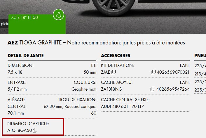 Exemple d'une référence de jante entourée en rouge sur le site du partenaire